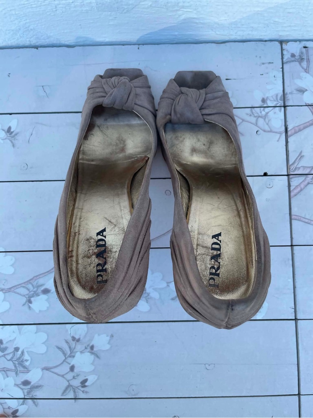 Prada Neutral Taupe Knot-Front Suede Heels